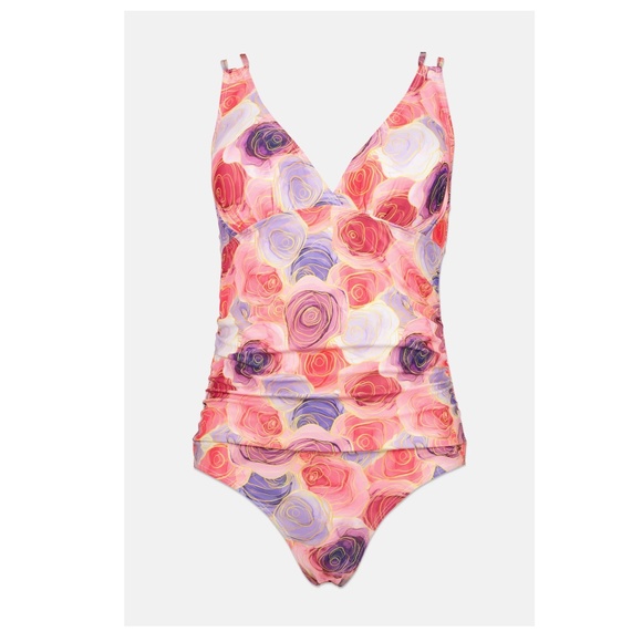 NWT Joan Vass Women Floral Pattern Padded One Piece Swimwear, Coral Pink Combo - Picture 1 of 9